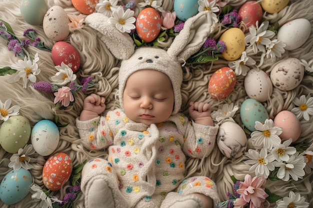 La joie de Pâques s'est déployée Un petit habillé en lapin entouré d'un arc-en-ciel d'œufs