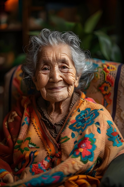 Joie rayonnante et contentement femme hispanique âgée dans un établissement de soins Concept Soins aux personnes âgées Culture hispanique Portraits joyeux Vie âgée Connexion émotionnelle
