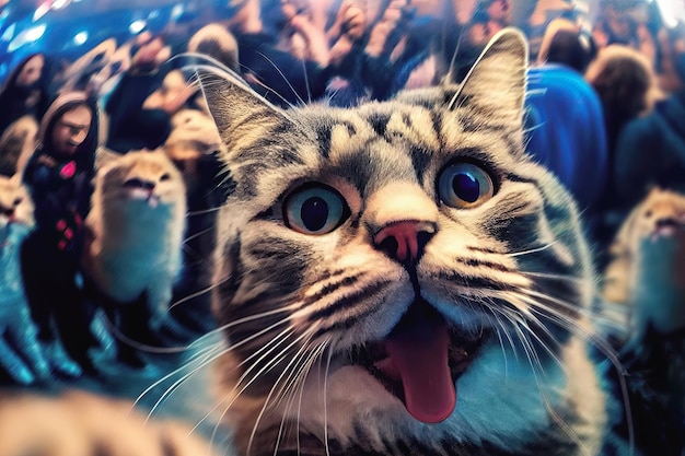 Joignez-vous à l'amusement avec ce chat de fête excitable alors qu'il prend un selfie devant une danse animée