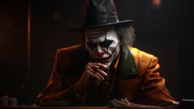 Joker assis à une table dans une pièce sombre