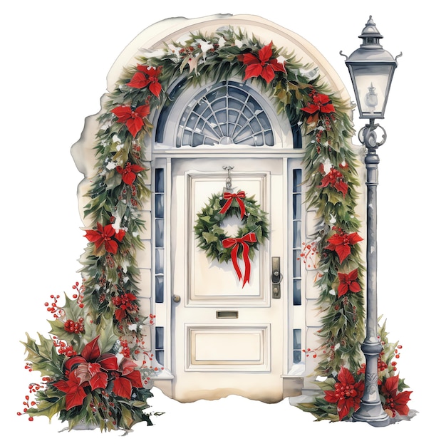 Joli aquarelle à thème de Noël illustration d'entrée de maison pour Noël