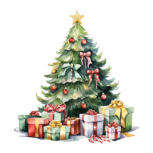 Joli arbre de Noël à l'aquarelle avec des cadeaux en dessous illustration pour Noël