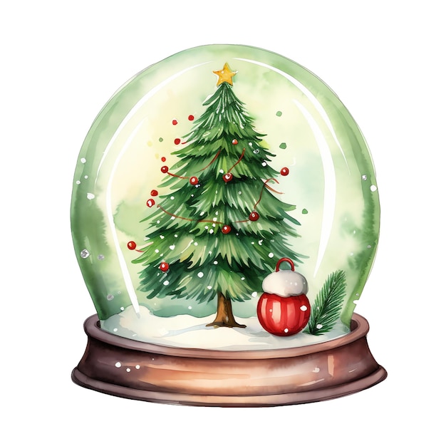 Joli arbre de Noël à l'aquarelle dans une boule de neige en verre illustration de globe de neige pour Noël