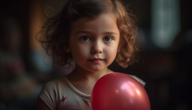 Joli bambin aux cheveux bouclés tenant un ballon profitant d'une fête d'anniversaire à l'intérieur générée par l'intelligence artificielle