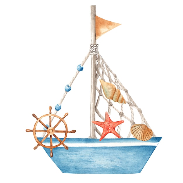 Joli bateau à aquarelle avec un volant en bois décoré de coquillages et d'étoiles de mer rouges Illustration nautique d'été peinte à la main isolée sur fond blanc