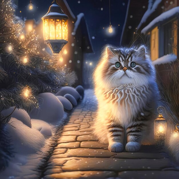 joli beau chat sur un chemin enneigé en attendant Noël du nouvel an