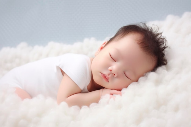 Joli bébé asiatique dormant doucement dans un nuage de coton