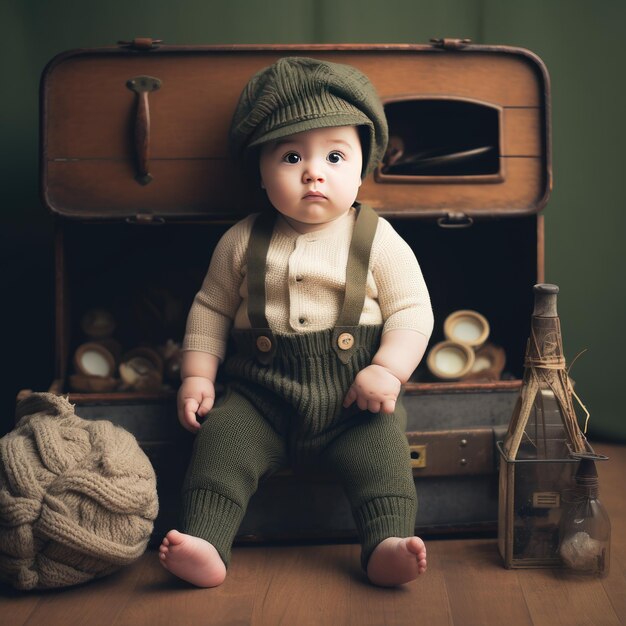 Photo joli bébé assis dans une vieille valise avec des jouets style vintage