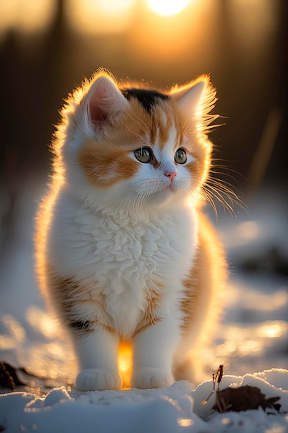 Joli bébé chat assis dans la neige avec une belle lumière du soleil Généré par AI