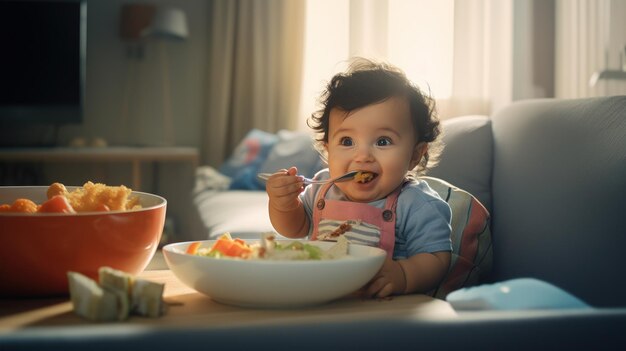 Joli bébé heureux de manger dans le salon