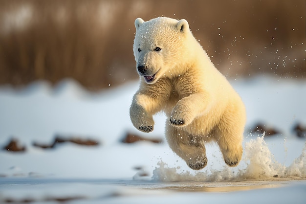 Joli bébé ours polaire jouant dans l'eau et sautant Generative AI