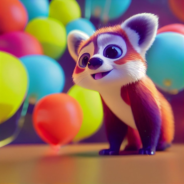 Joli bébé panda rouge avec des ballons joyeux anniversaire carte de voeux illustration de dessin animé de rendu 3D