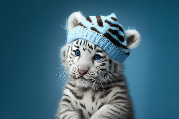 Joli bébé tigre blanc dans un chapeau et une écharpe Generative Ai