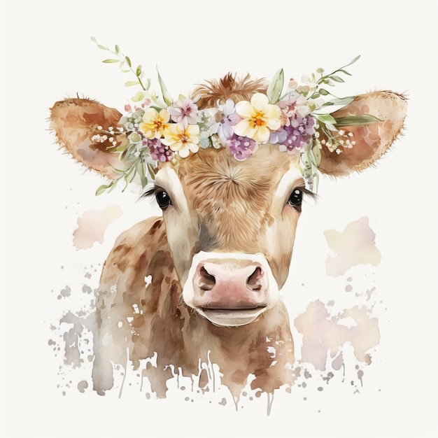 Joli bébé vache brune, veau, couronne de fleurs, aquarelle