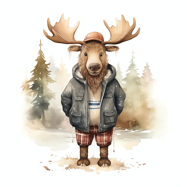 Joli bois Moose avec de beaux vêtements aquarelle style pour les enfants pépinière animaux art mural
