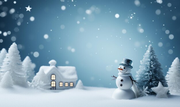 Joli bonhomme de neige, petite maison et paysage boisé de neige Décoration et arrière-plan d'hiver