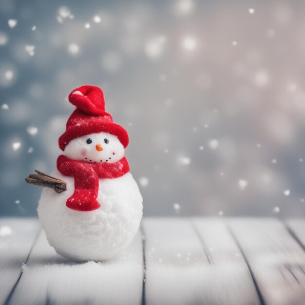 Photo joli bonhomme de neige portant une écharpe rouge sur une zone enneigée et un fond clair bokeh