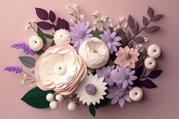 Joli bouquet de fleurs blanches et violettes sur fond rose pastel créé avec générative ai