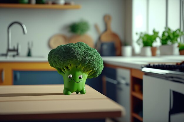 Joli brocoli doux sourire à la cuisine style de rendu 3D illustration générée par AI