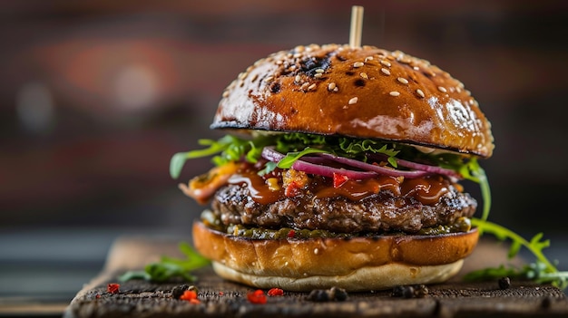 Joli burger de bœuf fait à la maison sur une table en bois