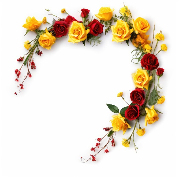 Un joli cadre d'angle de fleurs sur fond blanc avec de petites roses rouges et jaunes
