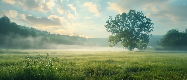 Joli cadre naturel au printemps d'été comprenant des arbres un ciel bleu des nuages et une herbe de prairie entièrement taillée avec du brouillard et de l'espace IA générative