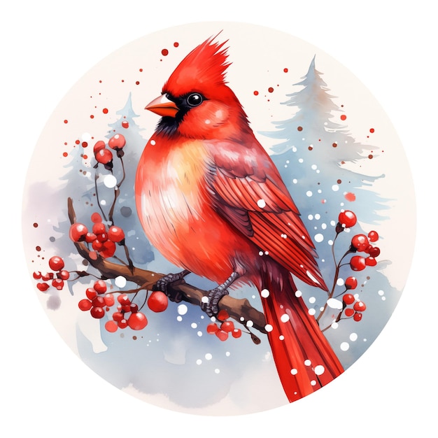 Photo joli cardinal à l'aquarelle sur la branche illustration d'oiseau en forme de cercle ornement rond