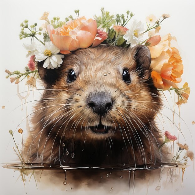 Photo joli castor avec une couronne de fleurs illustration à l'aquarelle