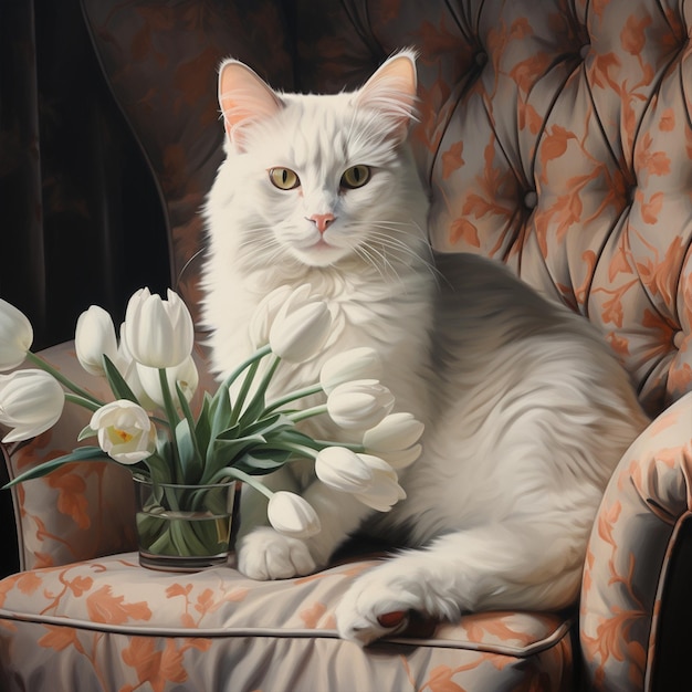 Joli chat allongé dans un fauteuil lounge avec des tulipes blanches