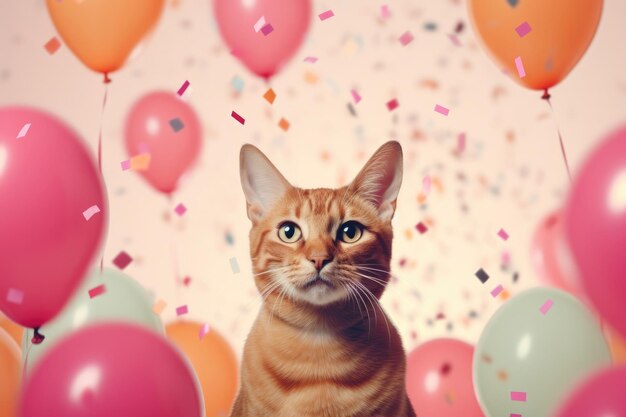 Joli chat d'anniversaire adorable avec des ballons de confetti assis sur un fond blanc