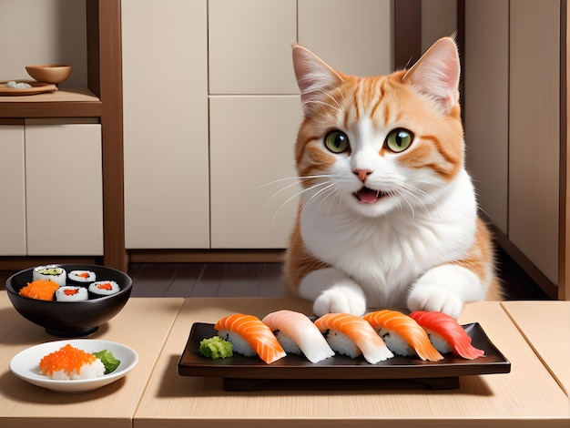 Joli chat au gingembre mangeant des sushis dans un restaurant japonais