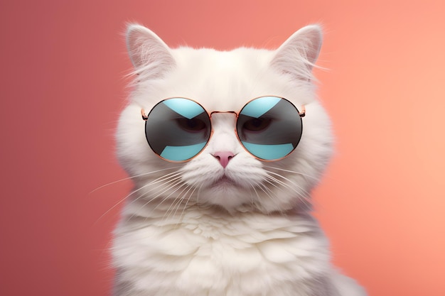 Joli chat blanc drôle portant des lunettes de soleil sur fond de couleur douce IA générative