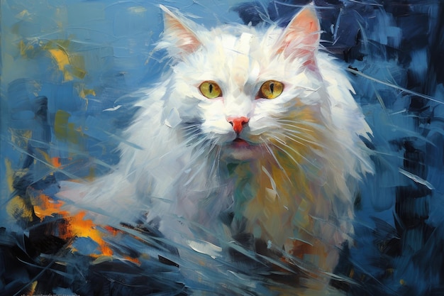 Joli chat blanc sur fond bleu porteur d'art mural pour animaux de compagnie dans le style de l'impressionnisme abstrait