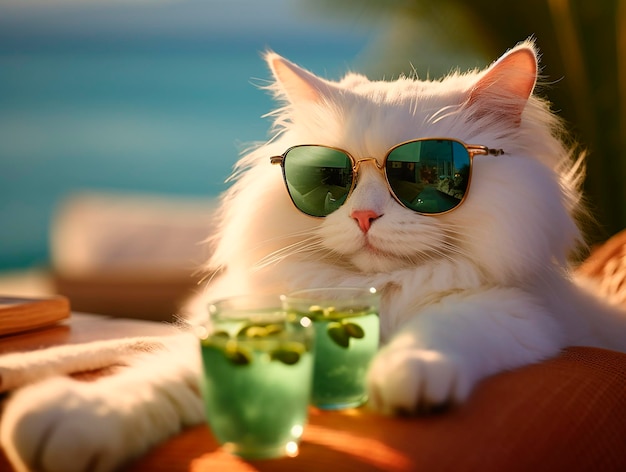 Joli chat blanc avec lunettes de soleil et limonade sur la plage