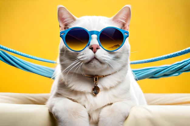 Joli chat britannique blanc portant des lunettes de soleil sur un hamac en tissu jaune isolé sur fond jaune