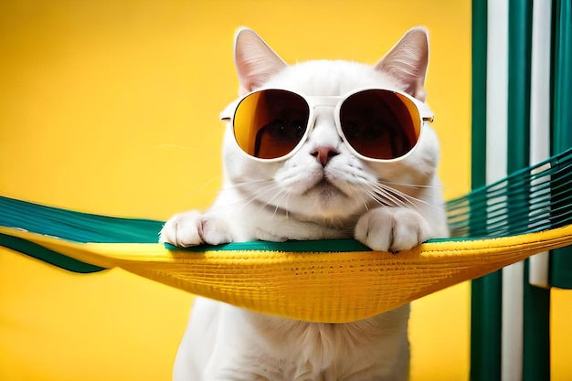 Joli chat britannique blanc portant des lunettes de soleil sur un hamac en tissu jaune isolé sur fond jaune