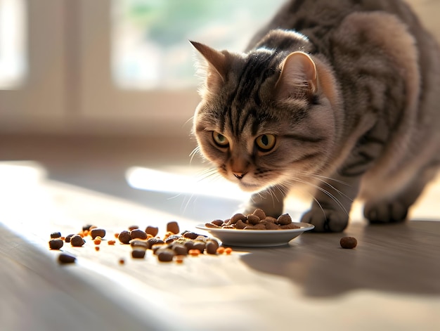 Un joli chat brun mange de la nourriture pour chat en désordre dans une pièce lumineuse et lumineuse Journée ensoleillée de haute qualité