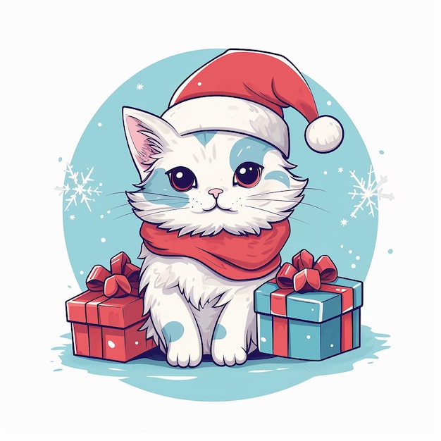 Joli chat dans un chapeau de Père Noël avec des cadeaux Illustration de style vectoriel