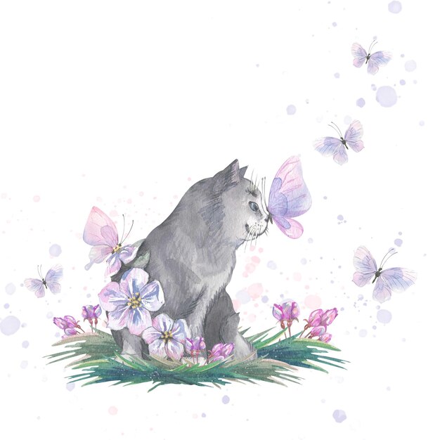 Un Joli Chat Gris Avec Des Papillons Et Des Fleurs De Pommier Est Assis Sur L'herbe Illustration Estivale Légère Aquarelle Pour La Décoration Décoration Et Conception De Cartes Postales Souvenirs Affiches Autocollants