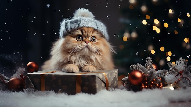 joli chat moelleux sous le sapin de Noël avec des cadeaux pour la célébration du nouvel an à la maison