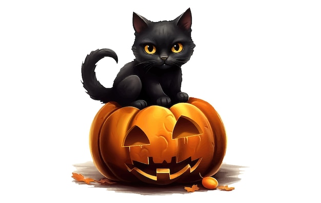 Joli chat noir dans un chapeau de sorcière assis sur une citrouille d'Halloween