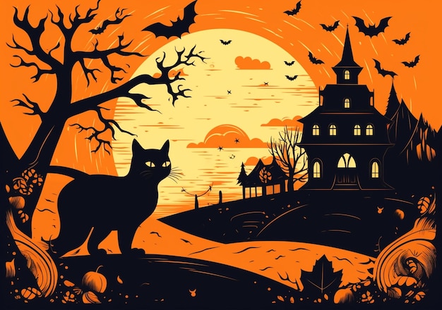 Joli chat noir de dessin animé avec un chapeau de sorcière Arrière-plan d'Halloween Carte de vœux de Samhain Génératif AI