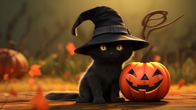 Joli chat noir portant une sorcière halloween