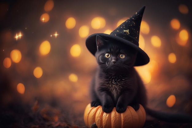 Un joli chat noir de sorcières d'halloween portant un chapeau de sorcière ai générative