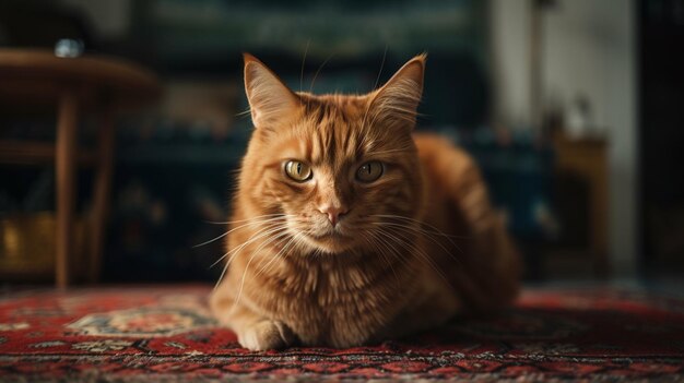 Joli chat roux allongé sur le tapis et regardant la cameragenerative ai