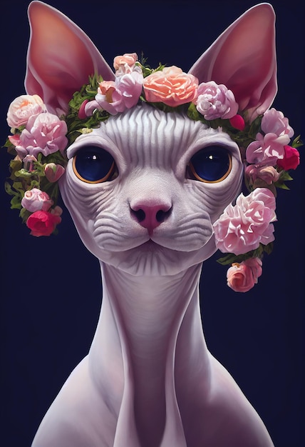 joli chat sphynx portant une couronne de fleur