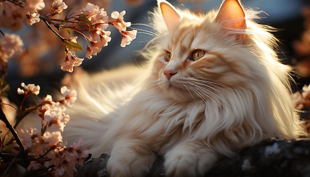 Joli chaton assis dans l'herbe, ludique et profitant de la lumière du soleil générée par l'intelligence artificielle