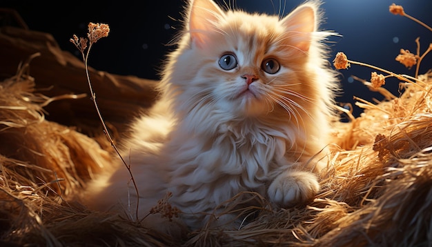 Photo joli chaton assis dans l'herbe regardant la caméra ludique et moelleux généré par l'ia