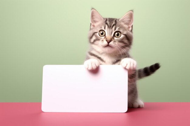 Photo joli chaton assis derrière un panneau blanc sur la table cette image polyvalente peut être utilisée à diverses fins