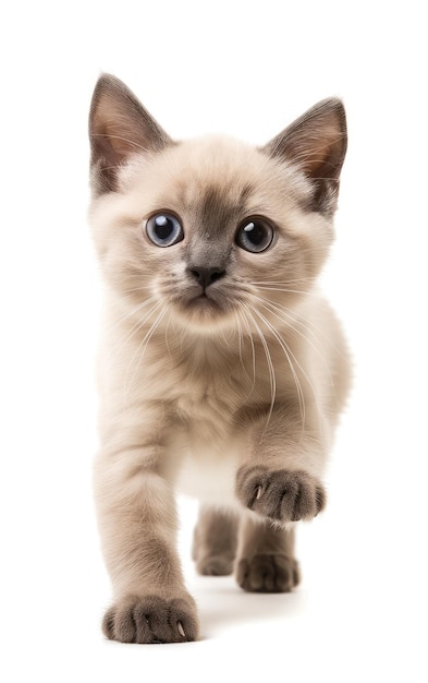 Joli chaton birman debout face à l'avant Regardant la caméra avec curiosité isolé sur un fond blanc.